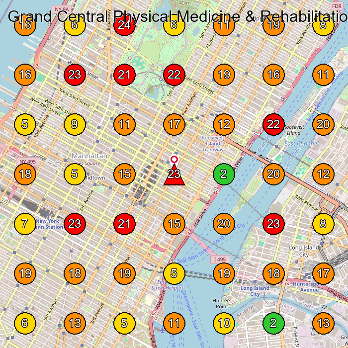 Grand Central Physical Medicine & Rehabilitation Physical Therapy Clinic GeoGrid ranking map for New York NY